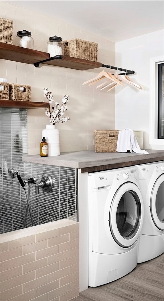 metal rail hanging above washer in laundry room