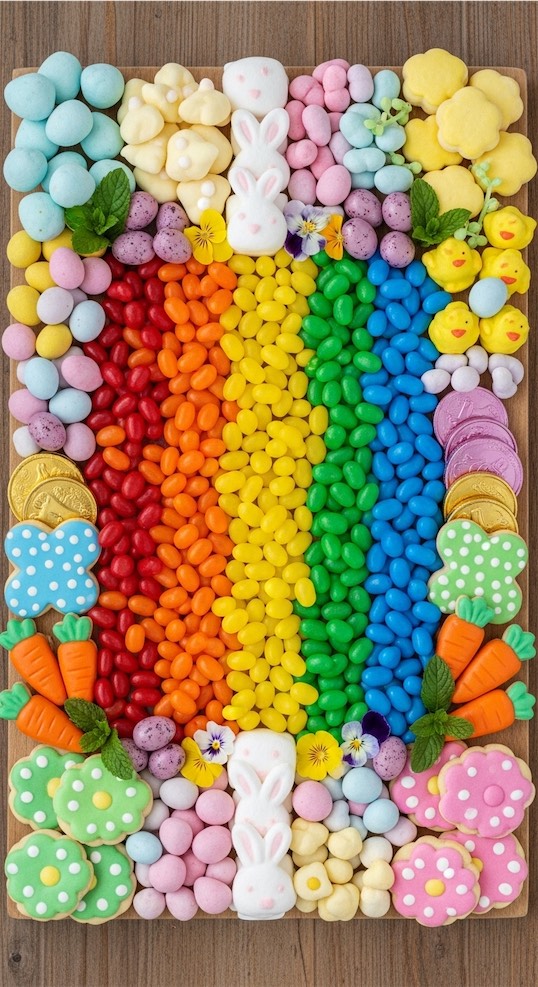 rows of colored jelly beans on grazing board