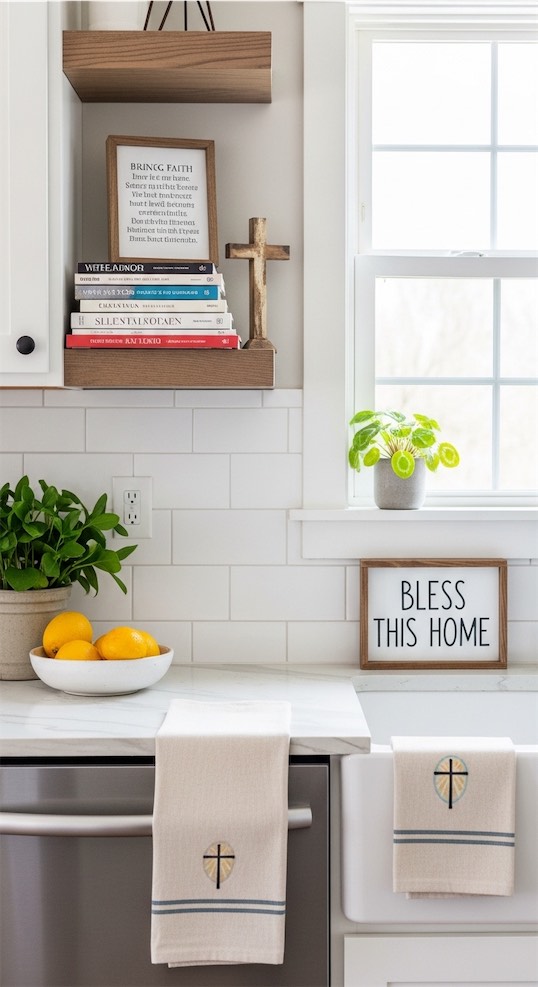 bless this home sign by the kitchen sink