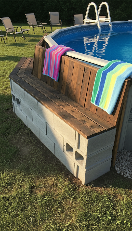 Concrete blocks and wood creating a seating area around a pool