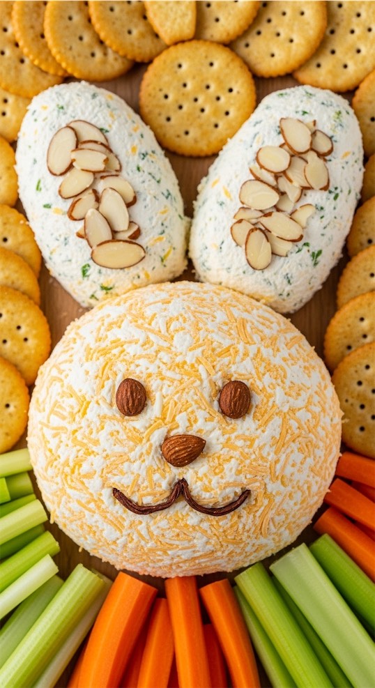bunny easter charcuterie board idea with balled cheese