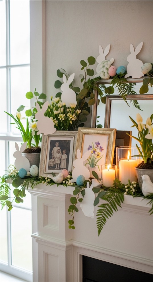 mantle with layered frames and rabbits from cardstock