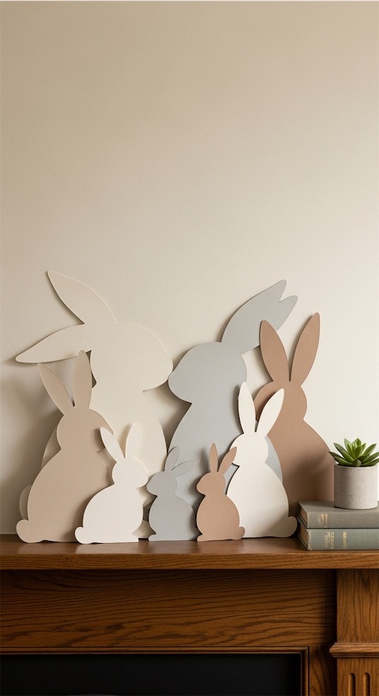 bunnys cut frm brown and grey card stock on mantle