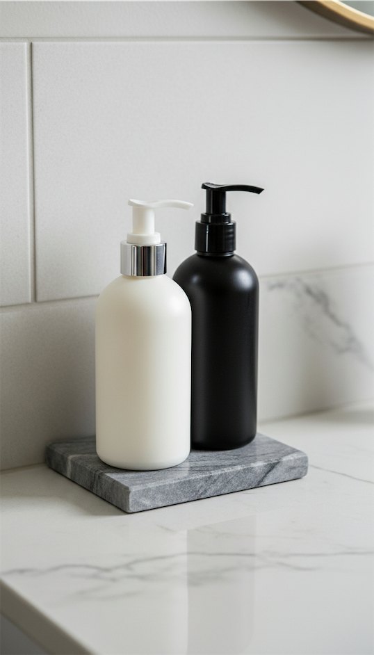 soap pumps on marble tray