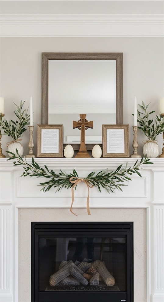 Religious Easter Home Decor on mantel in living room