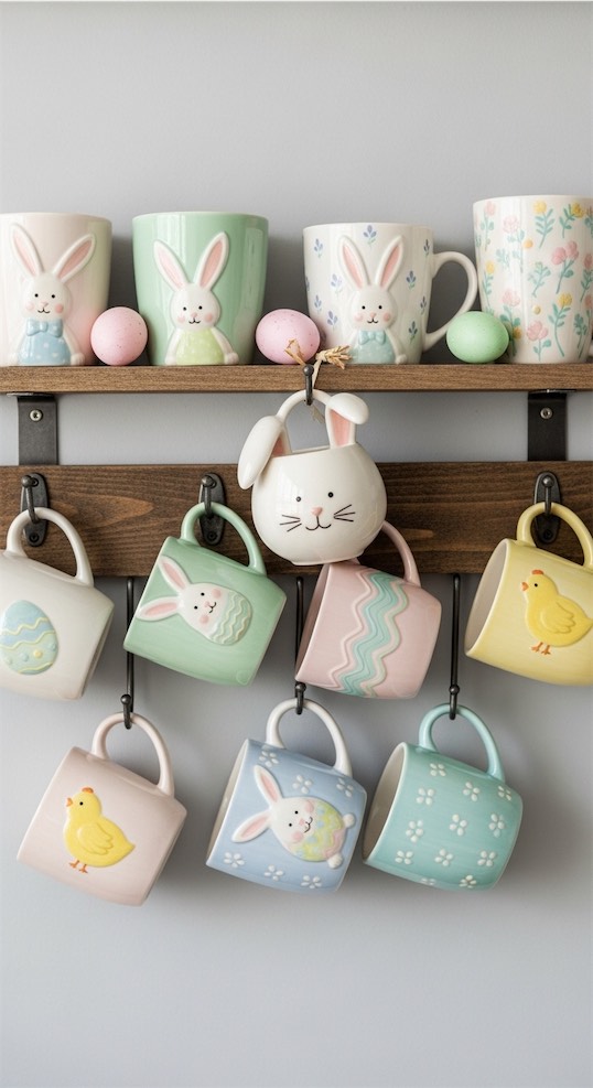 easter mugs hanging on hooks in kitchen
