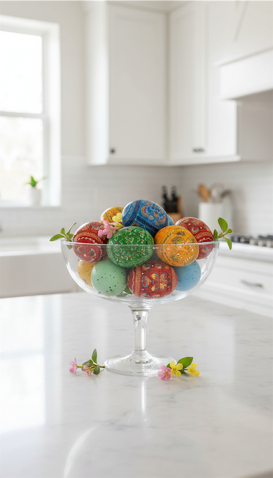 painted eggs in a glass bowl for easter 