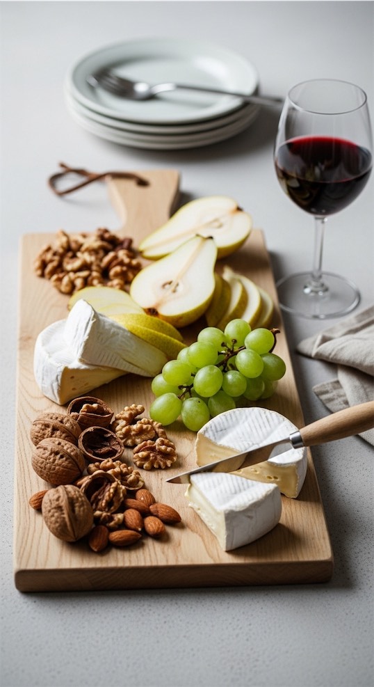elegant snack board with walnuts, grapes and red wine