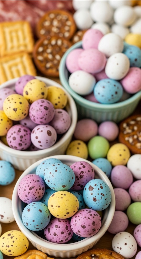 speckled eggs in mini bowls on grazing board