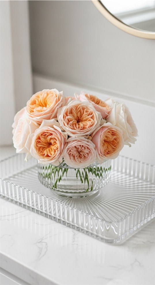 Fluted Glass Tray with Garden Rose Cluster modern Bathroom Tray Decor