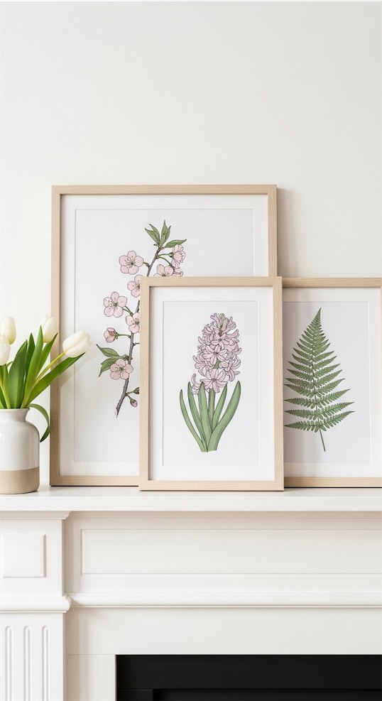 spring botanical prints in wooden frames on mantle
