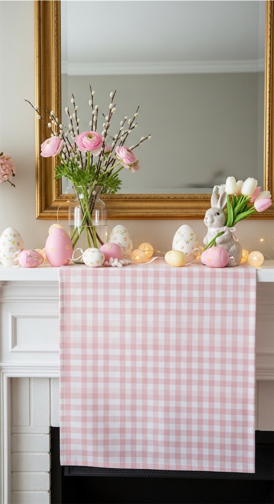pink and white gingham runner on a pink themed Easter Mantle