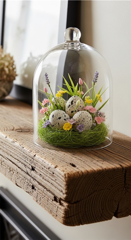 cloche glass with speckled eggs, mini florals and fake grass on mantle