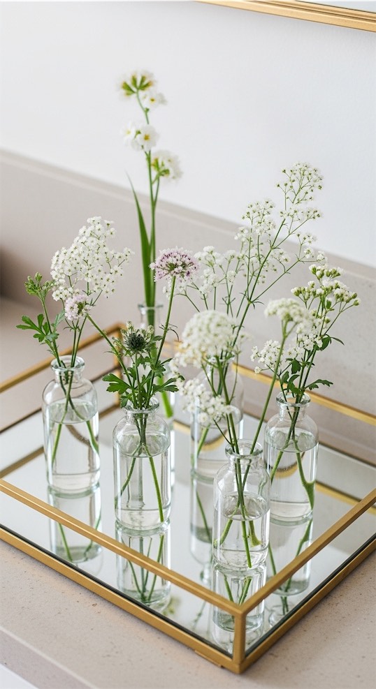 Gold Mirrored Tray with Glass Vial Bouquet modern Bathroom Tray Decor