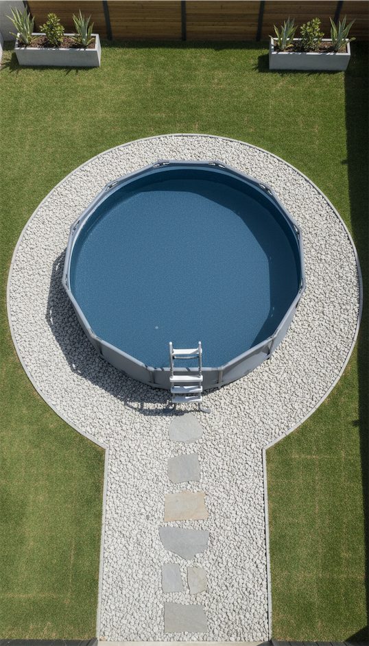 Gravelled area around above ground pool