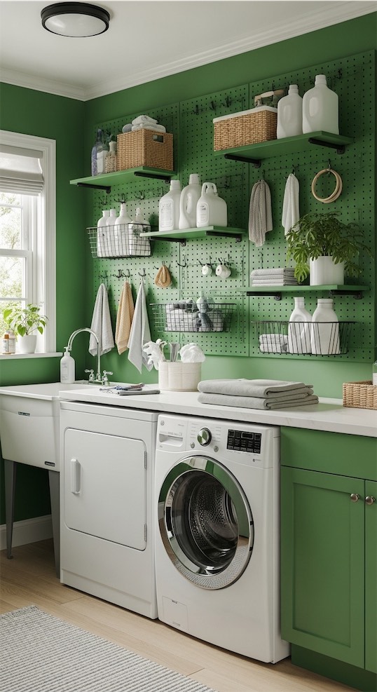 green pegboard in laundry room