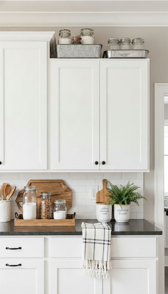 metal trays used as storage on top of cabinets