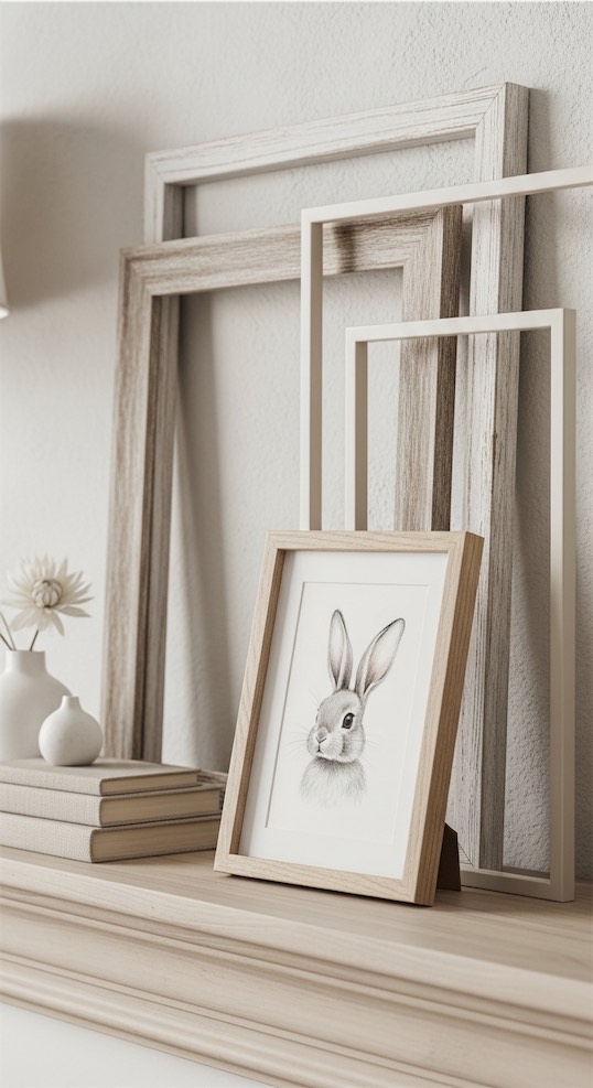 layered wooden frames with a sketch of a rabbit at the front