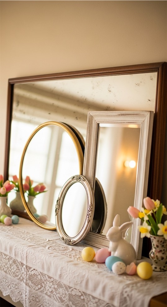 mirrors leaning against wall on mantle