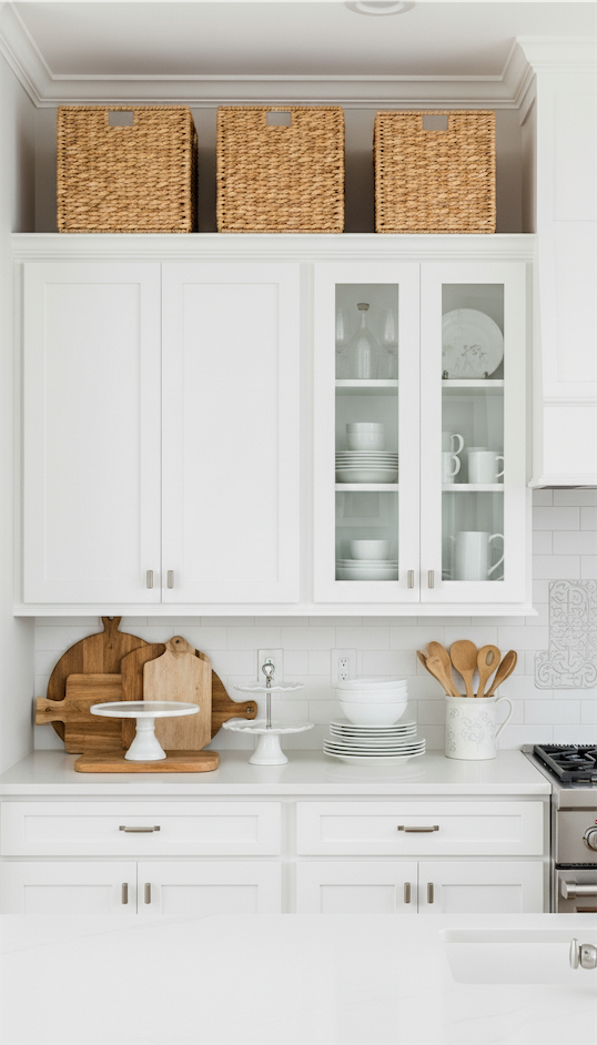 Lidded baskets on top of kitchen cabinets
