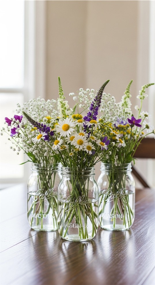 mason jars on kitchen table with Spring Wildflowers