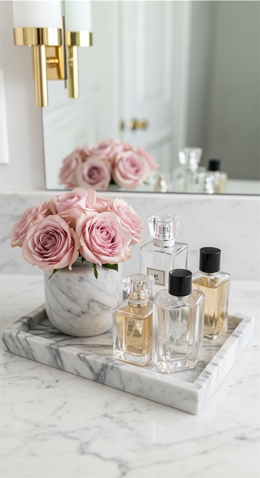 modern Bathroom Tray Decor with marble tray and blush roses