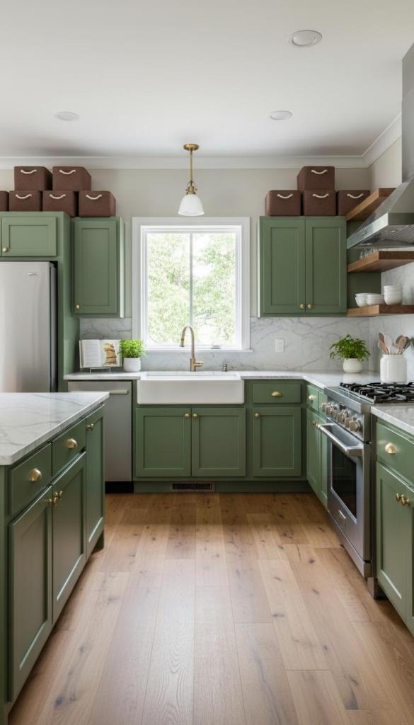 neutral brown bins on top of green kitchen cabinets for storage