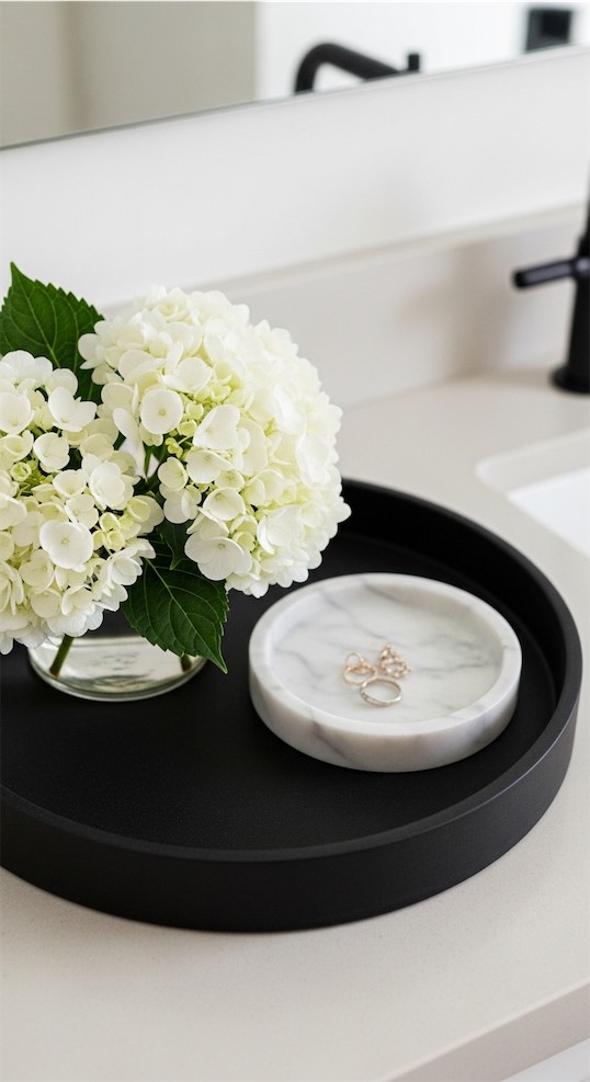 Matte Black Tray with White Hydrangeas and Stone Dish