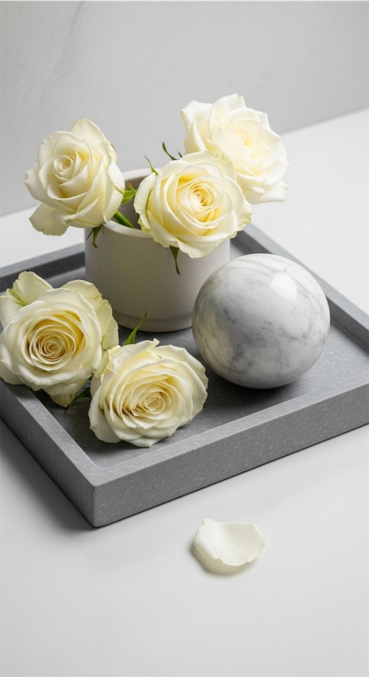 Matte Stone Tray with White Roses and Marble Sphere