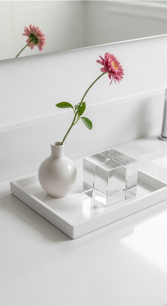 Minimal White Tray with Single Stem and Glass Cube modern Bathroom Tray Decor