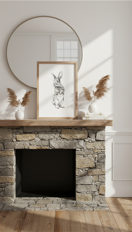 simple rabbit sketch on rustic mantle