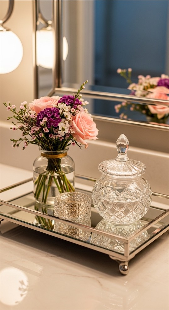 Mirrored Footed Tray with Mini Bouquet and Crystal Jar modern Bathroom Tray Decor