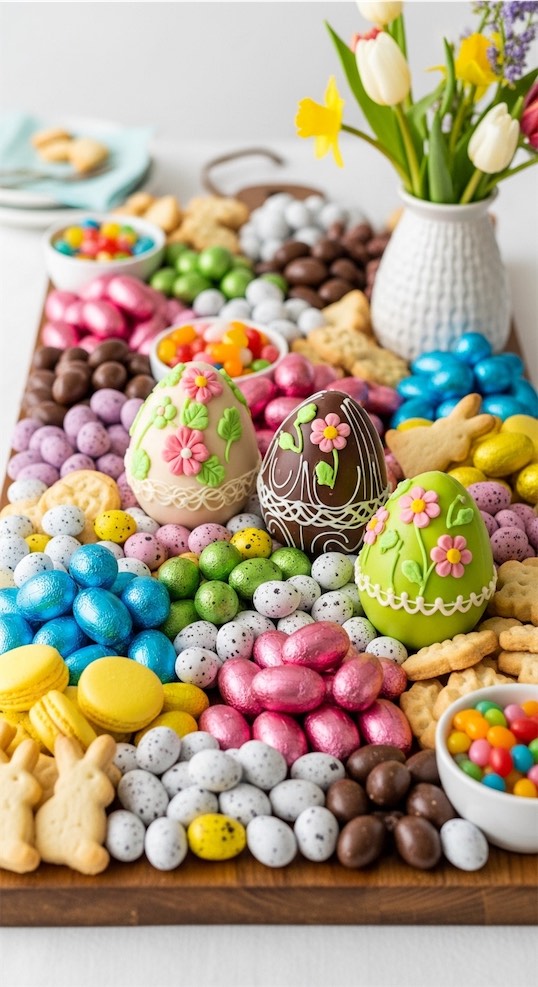 foiled eggs scattered across charcuterie board