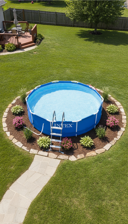 mulch and easy plants surrounding above ground pool