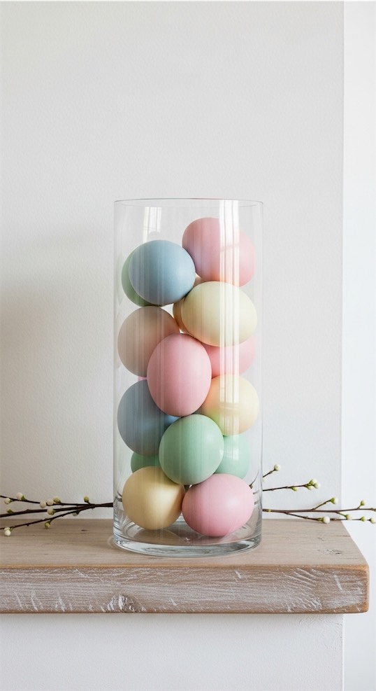 glass vase full of pastel easter eggs