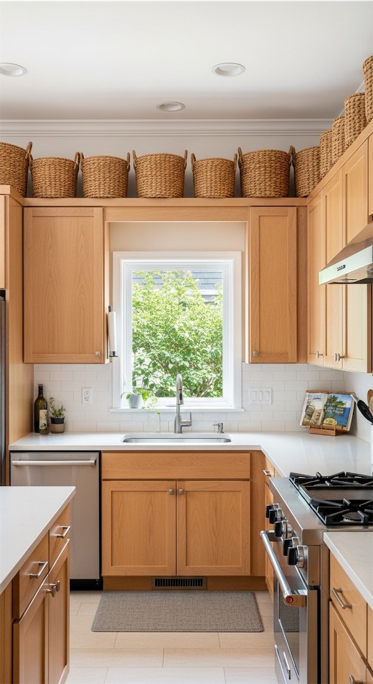 similar tone between baskets and kitchen cabinets