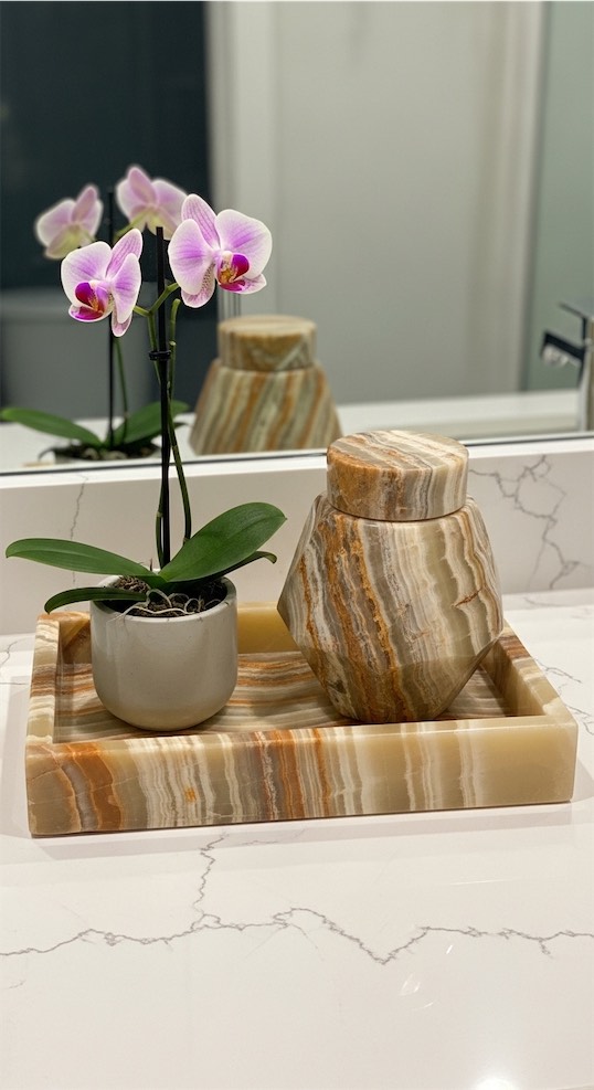 Onyx Tray with Orchid and Faceted Jar