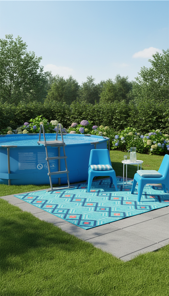 rug area outside the above ground pool