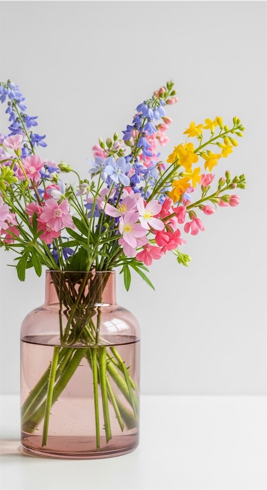 wildflowers in a pastel pink vase