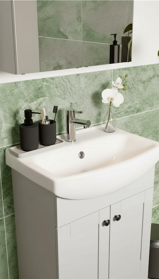 petite vase on a bathroom counter