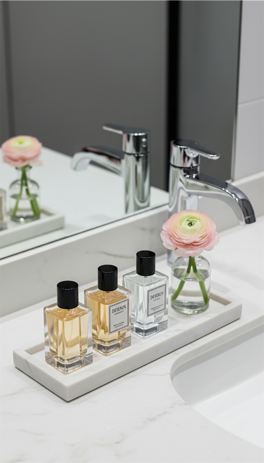 Rectangular Marble Tray with Perfume Trio and Ranunculus