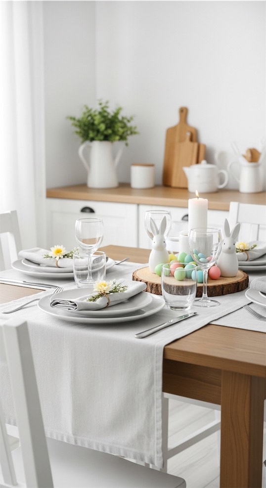 Ceramic bunnies and eggs on a wooden center piece 