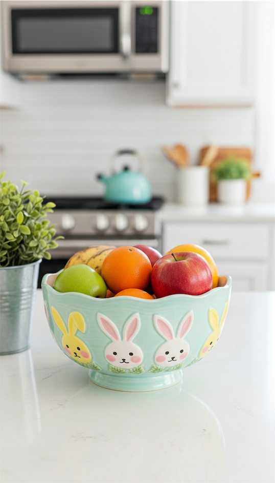 Easter themed ceramic bowl with fruit in it
