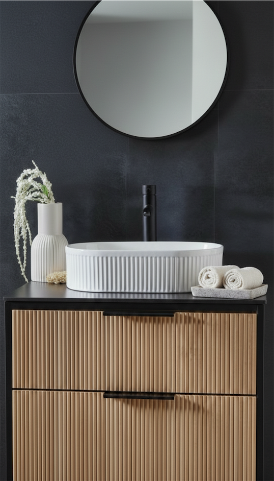 rolled up hand towels on dish tray in bathroom