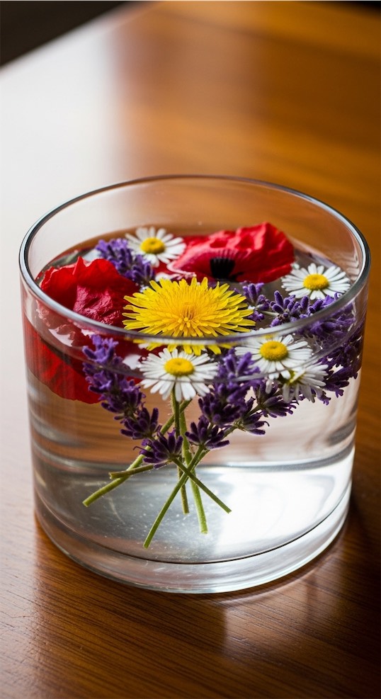Floating wildflower heads in a cylinder vase