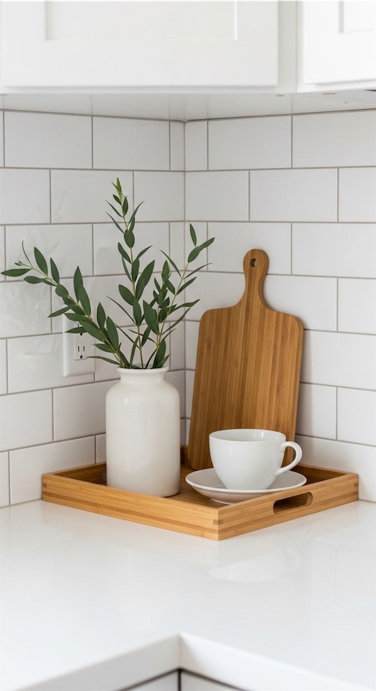 Minimal Kitchen Corner Decor wooden tray with objects