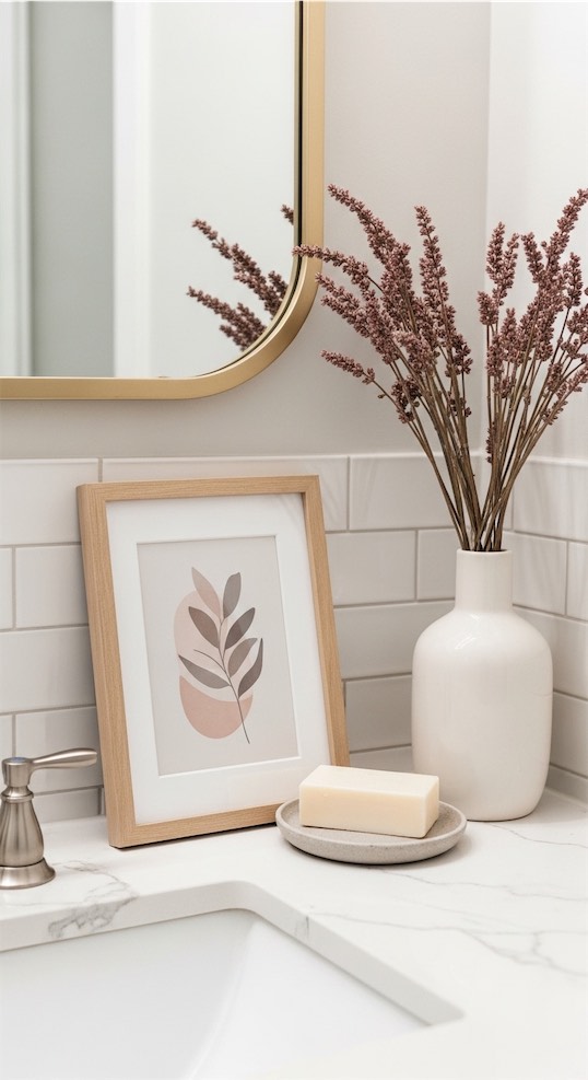 artwork leaning against wall on bathroom counter