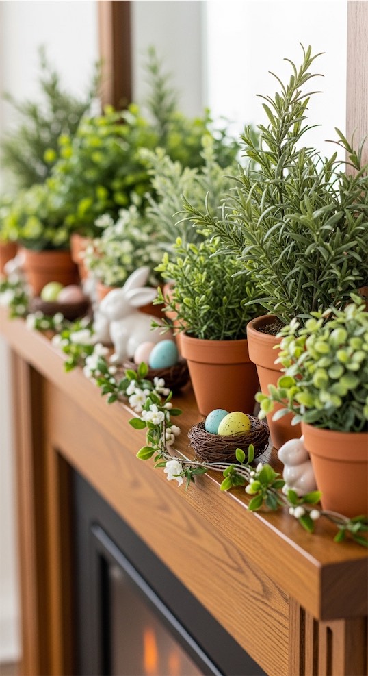 green pots across mantle