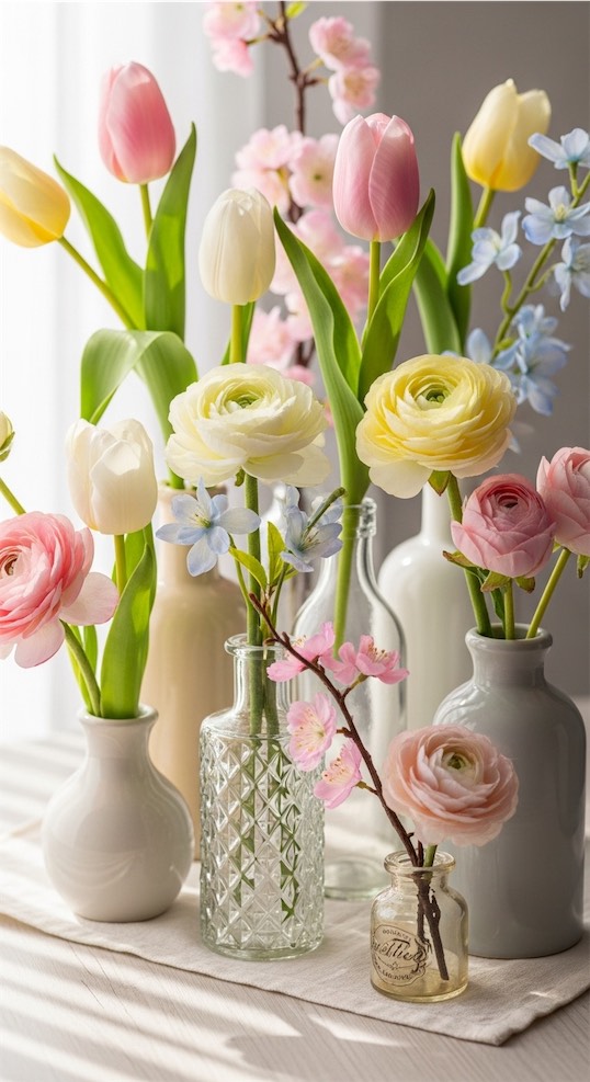 spring flowers in mis-matched vases