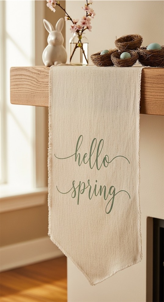 linen banner that says "hello spring"